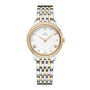 The OMEGA De Ville Prestige features a two-tone silver and gold metal band, white dial, gold Roman numerals, diamond hour markers, and a diamond-set bezel.