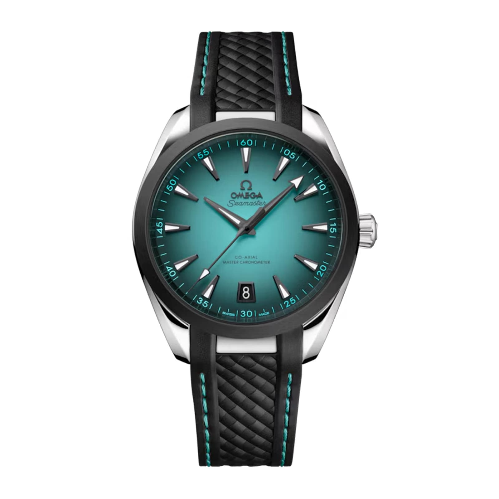 The OMEGA Seamaster Aqua Terra 150M features a striking turquoise gradient dial, silver markers, date at 6 o’clock, and a black textured strap with teal stitching—sleek hands and details add a modern luxury touch.