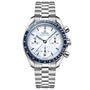 Silver and blue watch with Omega branding on a white background