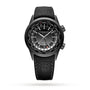 Raymond Weil Freelancer GMT Worldtimer Black Dial watch with black leather strap, stainless steel case, city names on the black dials edge, and silver hands and markers, shown on a white background.