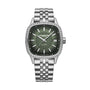 The Raymond Weil Freelancer Automatic 60 Diamonds Green Dial is a silver wristwatch with a green patterned dial, diamond bezel, date window, Swiss movement, silver hour markers, metal link band, and cushion-shaped design.