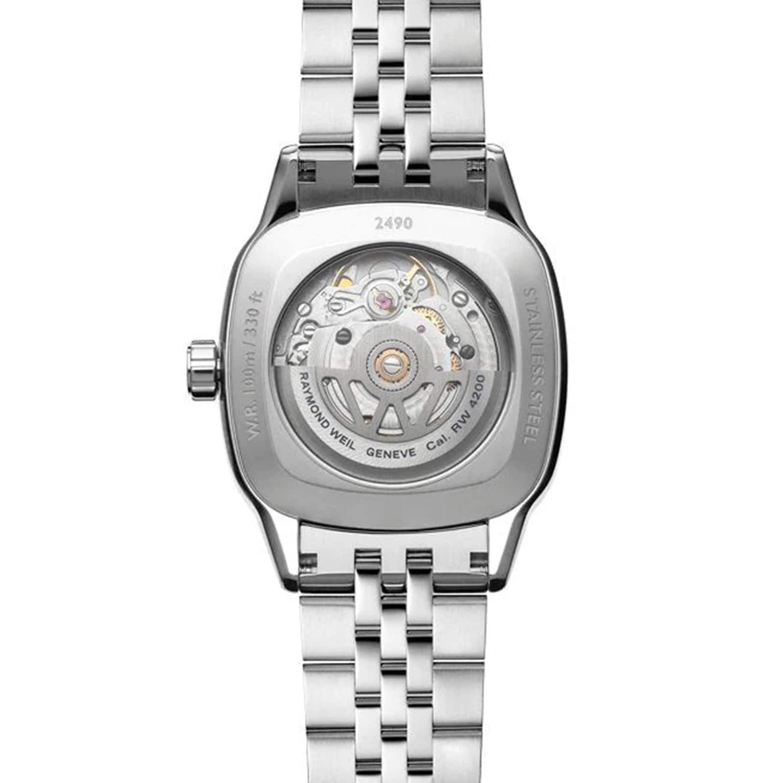 The back of the Raymond Weil Freelancer Automatic 60 Diamonds Green Dial reveals its Swiss-made movement through a transparent case back, highlighting its cushion-shaped design.