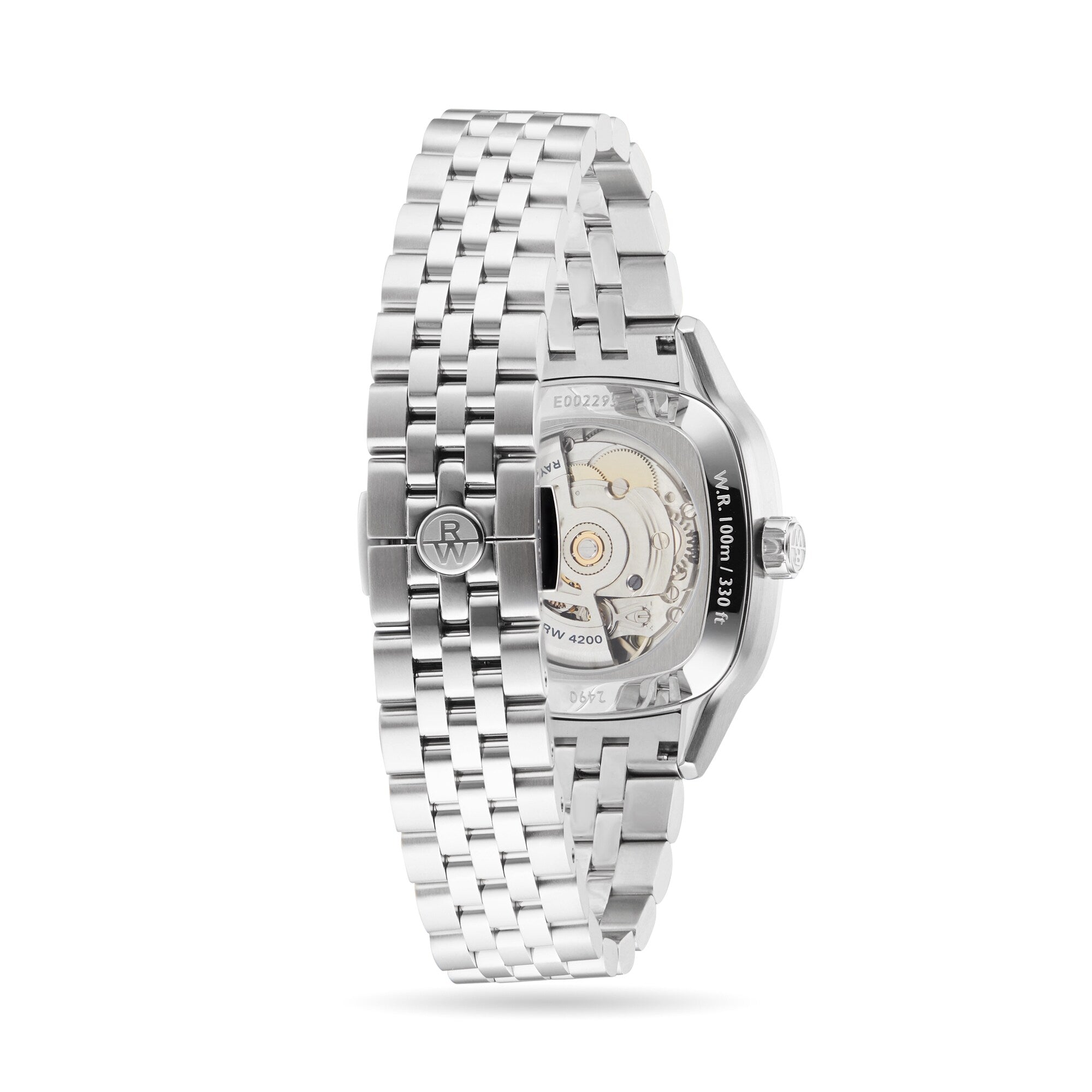 The Raymond Weil Freelancer Automatic 60 Diamonds Green Dial wristwatch is shown from the back, revealing its mechanical movement and metal link band.
