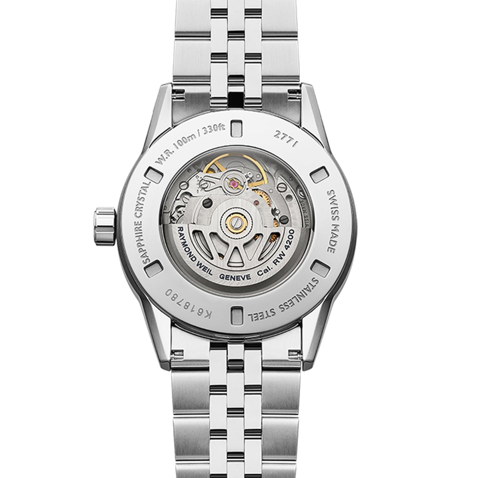 Rear view of the Raymond Weil Freelancer Automatic Blue Dial watch, displaying its Swiss-made automatic movement through a transparent case back.
