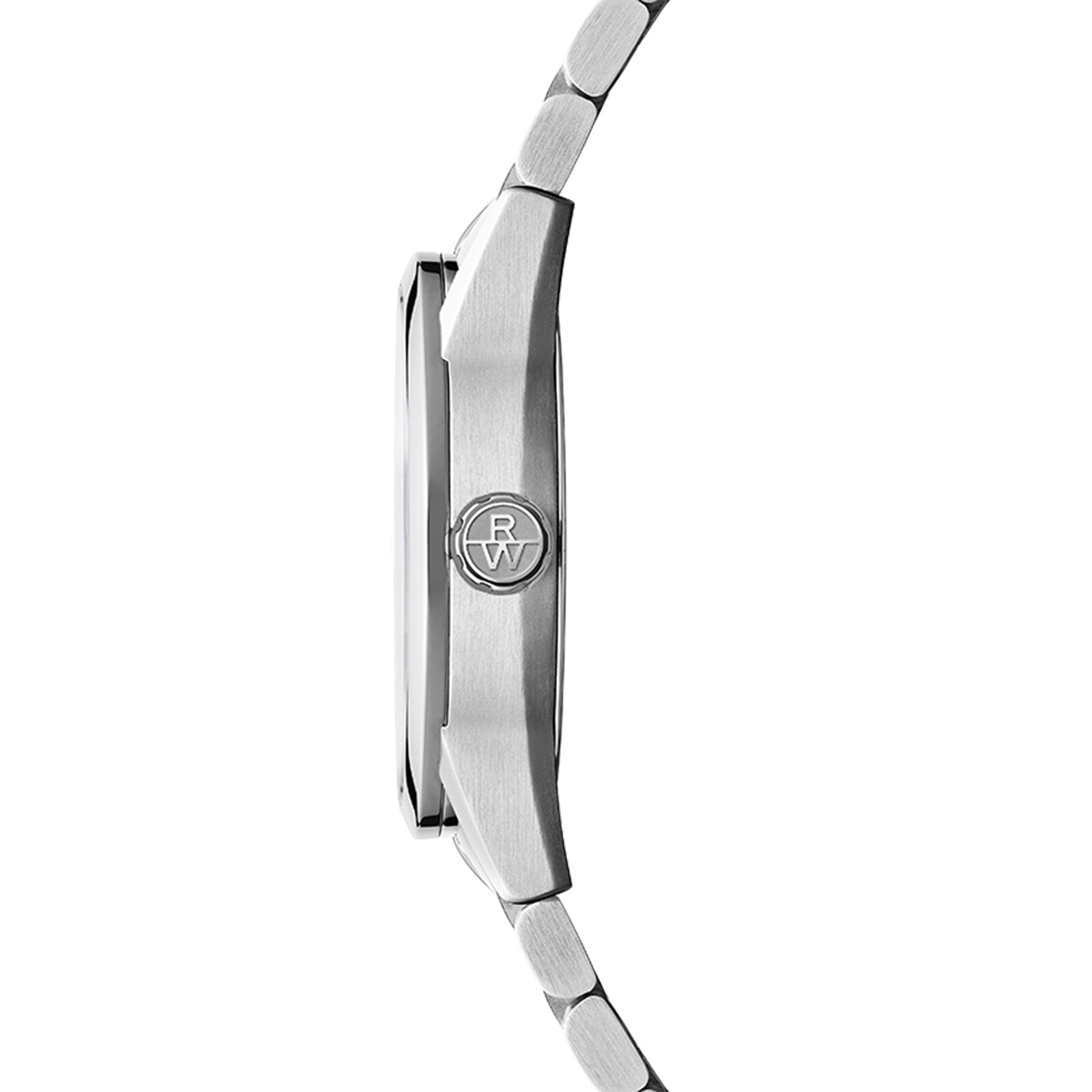 Side view of the Raymond Weil Freelancer Automatic Blue Dial, a stainless steel wristwatch with a brushed finish, Swiss-made automatic movement, engraved “RW” crown, and linked bracelet.