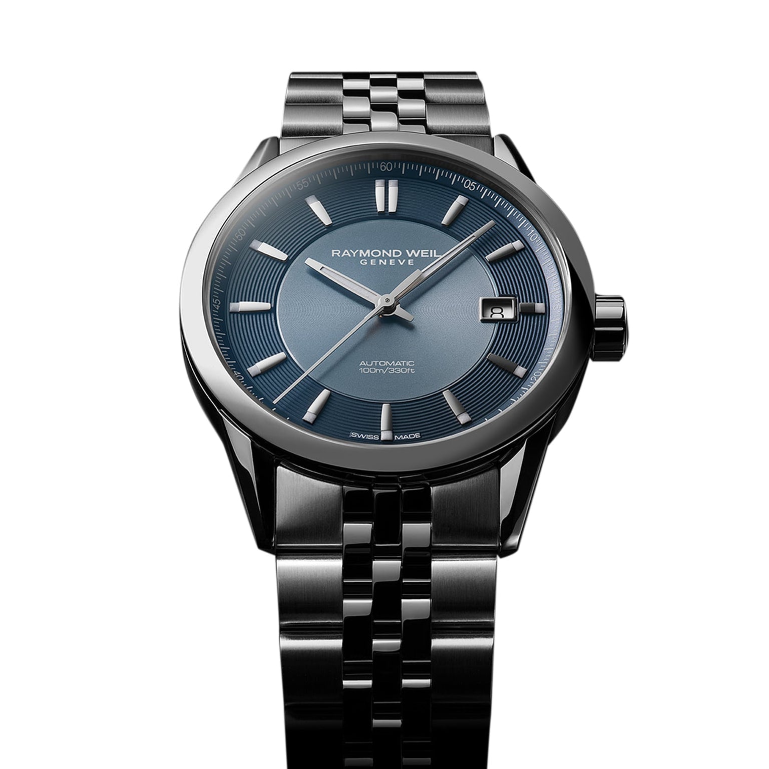 The Raymond Weil Freelancer Automatic Blue Dial watch features a sunray blue dial, date display, silver hour markers, metal link bracelet, and is powered by a Swiss automatic movement.