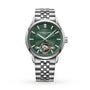 The Raymond Weil Freelancer Automatic Green Dial is a stainless steel wristwatch featuring a green dial, silver hour markers, and an exposed tourbillon at 6 o’clock on a metal link bracelet—a true testament to fine mechanical watchmaking.