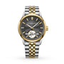 The Raymond Weil Freelancer Automatic Grey Dial wristwatch features a gray dial, gold bezel, two-tone bracelet, and visible tourbillon at 6 oclock—an elegant design that epitomizes fine mechanical watchmaking.