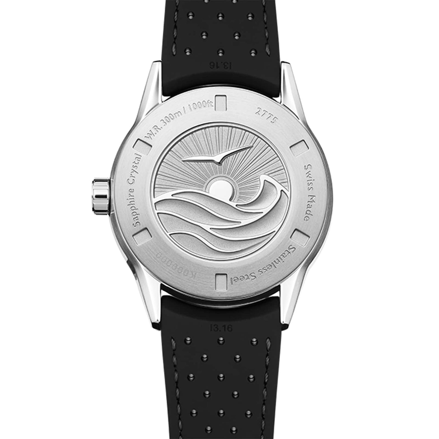 The Raymond Weil Freelancer Diver Black Dial wristwatch features an engraved wave and sun design on the back, a black perforated strap, engraved water resistance and material details, and showcases affordable luxury with its minimalistic dial.