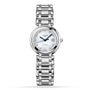The Longines PrimaLuna is a stainless steel wristwatch with a round face, diamond-set dial, date display, and linked metal bracelet, displayed against a white background.