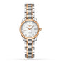 The Longines Master Collection features a two-tone silver and 18K pink gold bracelet, mother-of-pearl dial, diamond hour markers, and a date display at 3 o’clock.