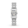 The Longines DolceVita is a rectangular silver wristwatch with a metal link band, Roman numerals, blue hands, small seconds subdial on a white face, and precise quartz movement.