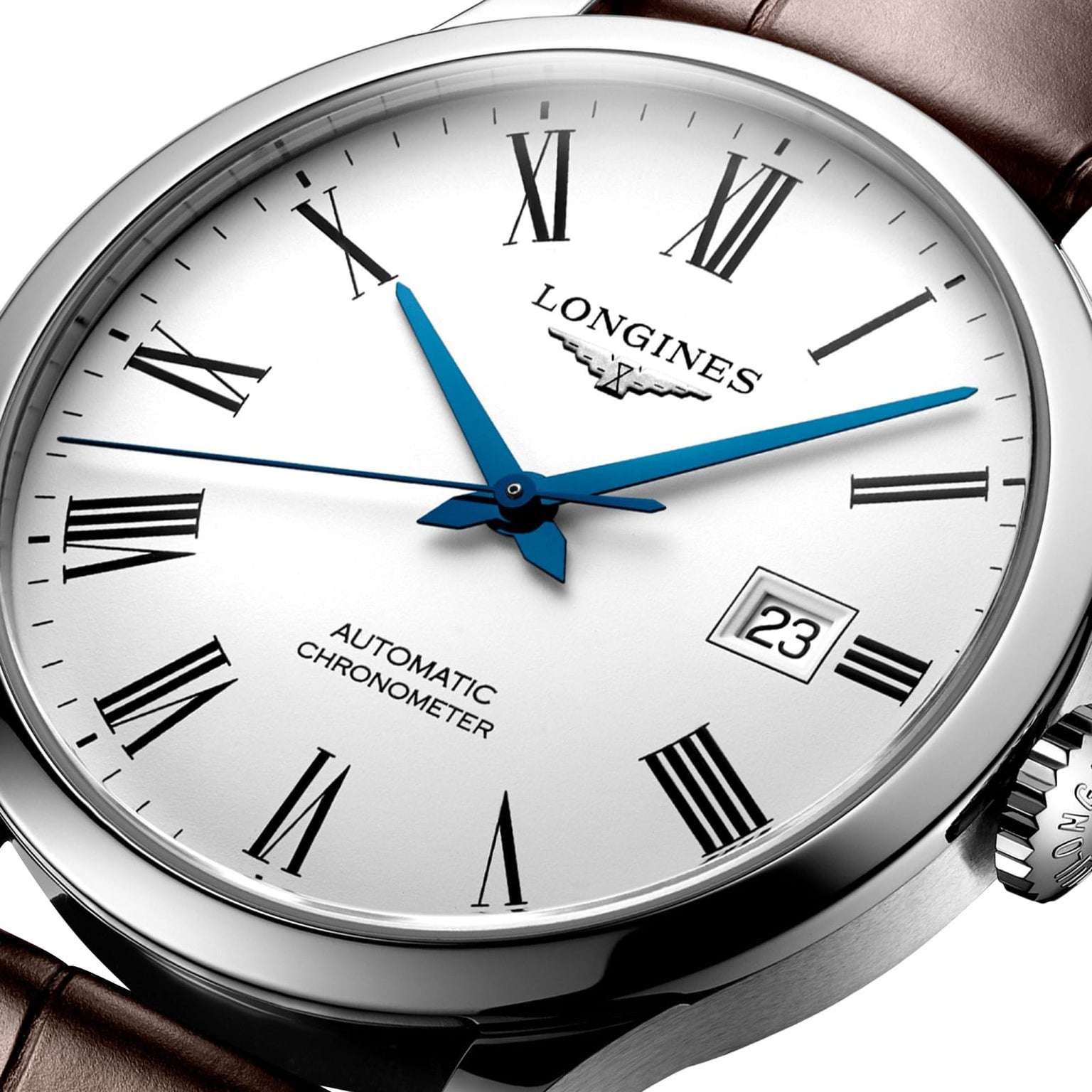 Close-up of the Longines Record wristwatch featuring a white dial, black Roman numerals, blue hands, chronometer-certified automatic movement with silicon balance spring, date at 3 o’clock, and brown leather strap.