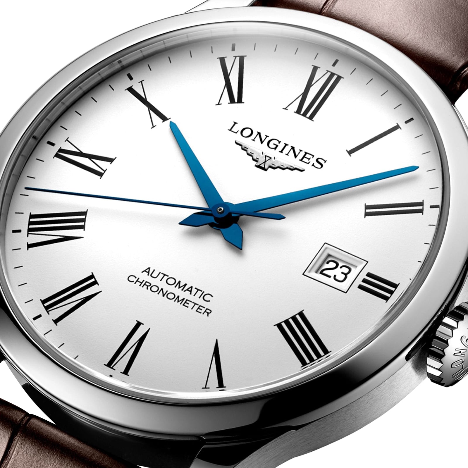 Close-up of the Longines Record wristwatch featuring a white dial, black Roman numerals, blue hands, chronometer-certified automatic movement with silicon balance spring, date at 3 o’clock, and brown leather strap.