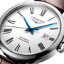 Close-up of the Longines Record wristwatch featuring a white dial, black Roman numerals, blue hands, chronometer-certified automatic movement with silicon balance spring, date at 3 o’clock, and brown leather strap.