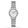The Longines Elegant Collection wristwatch features a silver case, round white dial, diamond indexes, automatic movement, date display at 3 o’clock, and a metal link bracelet.