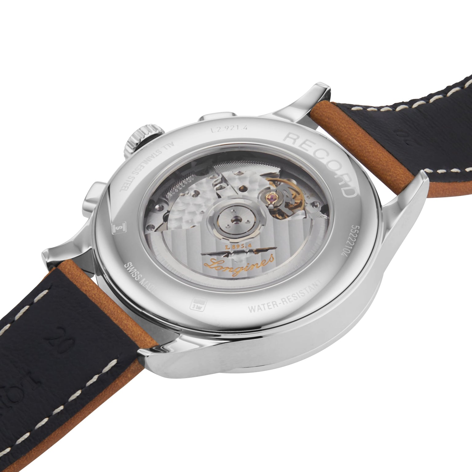 The image shows the back of the Longines Record Chronograph, featuring a stainless steel case with a transparent back that reveals the automatic movement and engraved brand name on the rotor. It is paired with a black leather strap.