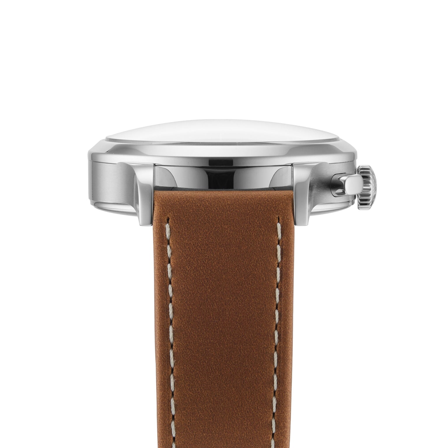 Side view of the Longines Record Chronograph wristwatch with a stainless steel case, domed glass, and a brown leather strap with white stitching and automatic movement.