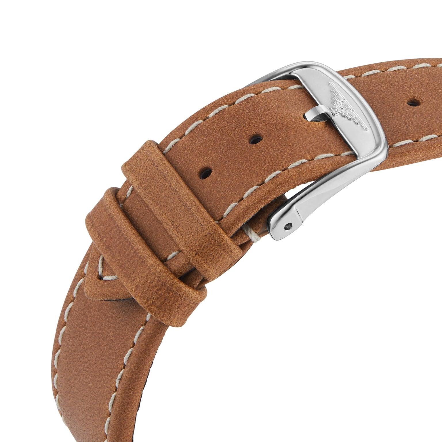 Close-up of a Longines Record Chronograph featuring a brown leather strap with white stitching, silver buckle, and stainless steel case.