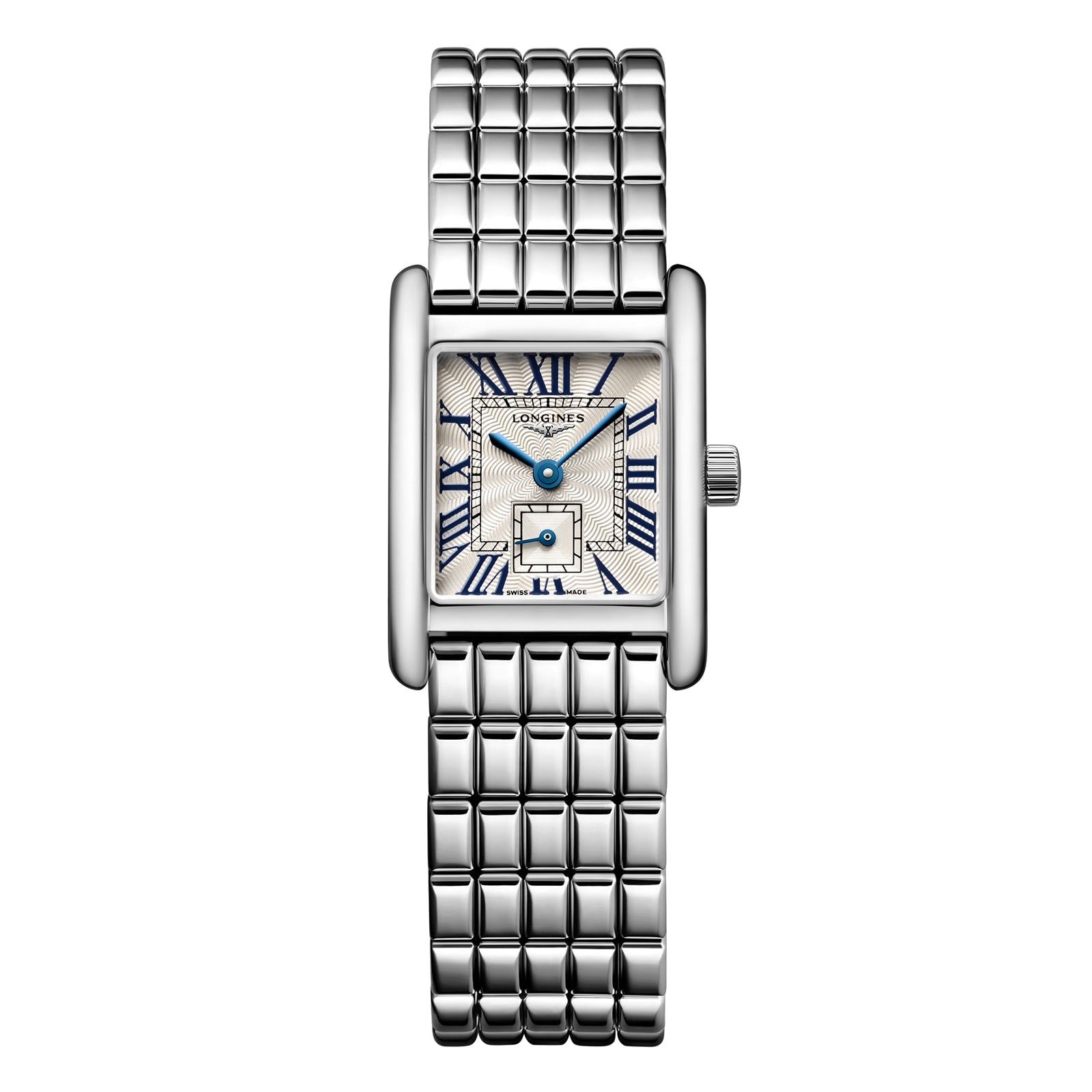 The Longines Mini DolceVita is a silver rectangular wristwatch with a metal link band, Roman numerals, blue hands, and a small seconds subdial—bringing modern sophistication to luxury timepieces.