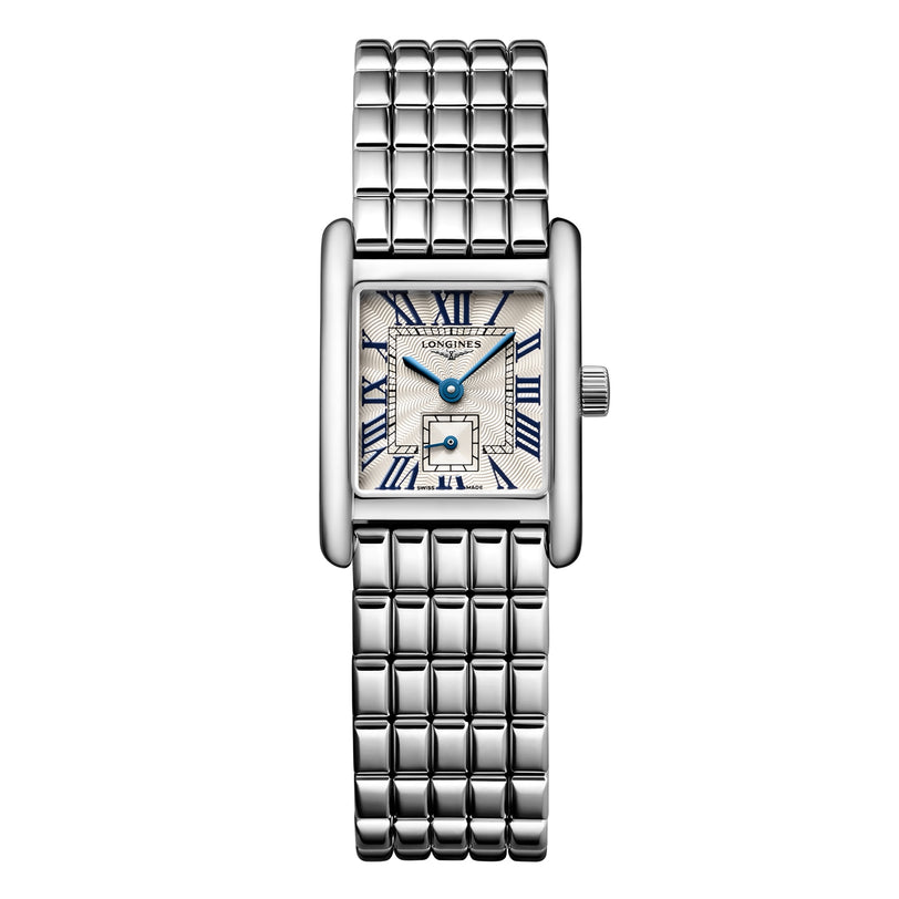 The Longines Mini DolceVita is a silver rectangular wristwatch with a metal link band, Roman numerals, blue hands, and a small seconds subdial—bringing modern sophistication to luxury timepieces.