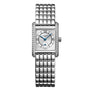 The Longines Mini DolceVita features a rectangular case, stainless steel bracelet, white dial with blue hands, Roman numerals, and Top Wesselton diamond accents along the sides of the face.