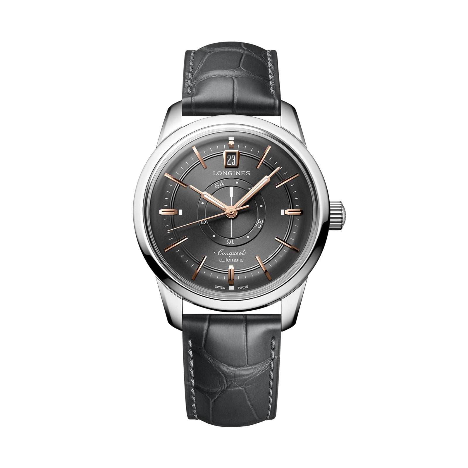 A Longines Conquest Heritage Central Power Reserve wristwatch with a dark gray face and black leather strap is displayed on a white background.