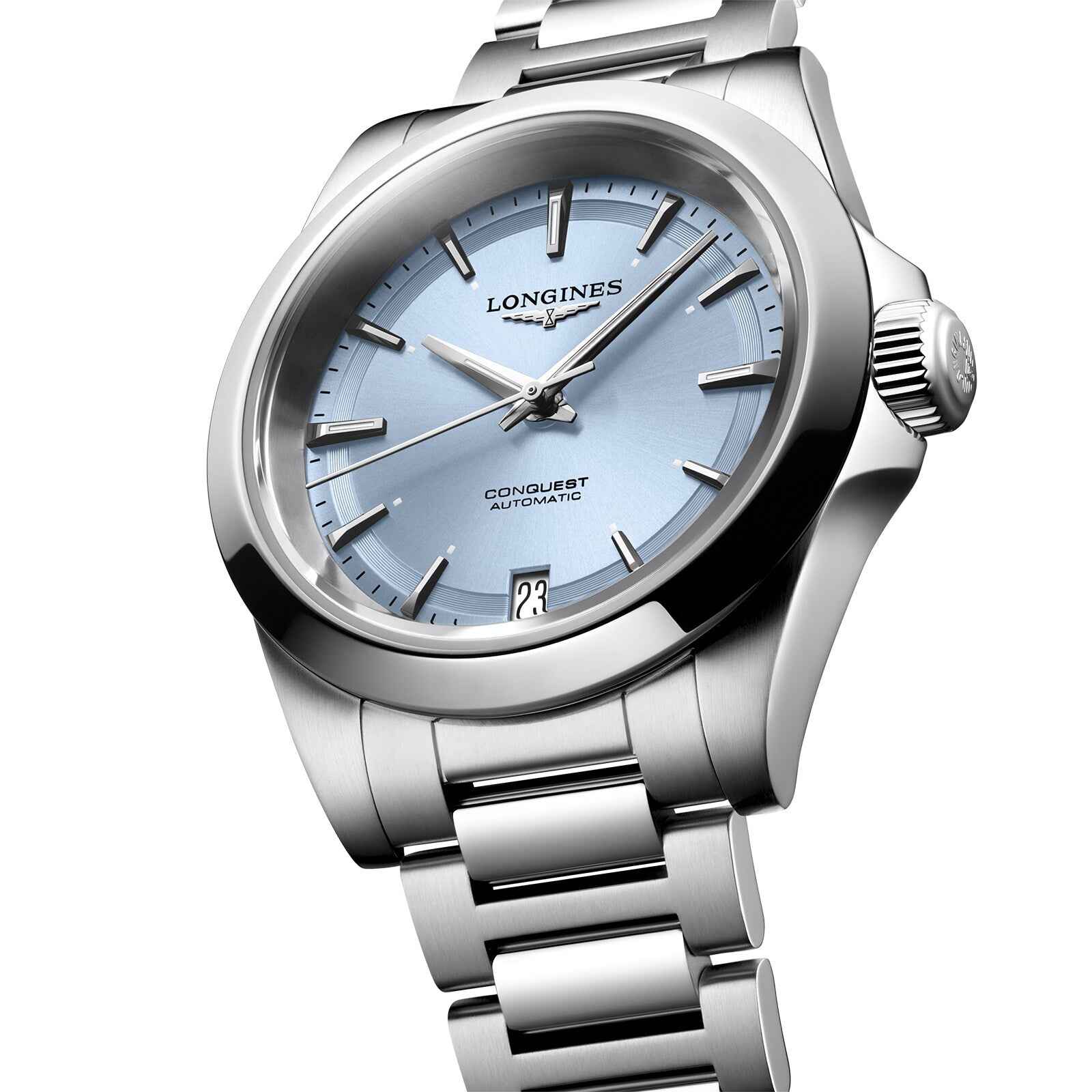 A Longines Conquest wristwatch featuring a silver case, light blue dial with silver hour markers, automatic movement, date display at 6 o’clock, and a stainless steel bracelet.