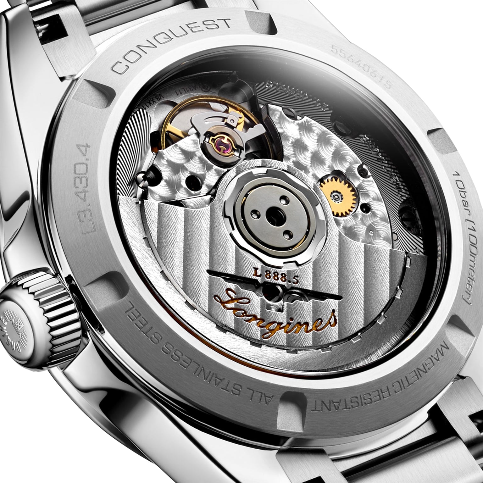 Close-up of the Longines Conquest watch back, showcasing its automatic movement with “Longines” and “L888.5” engraved on the metal rotor.