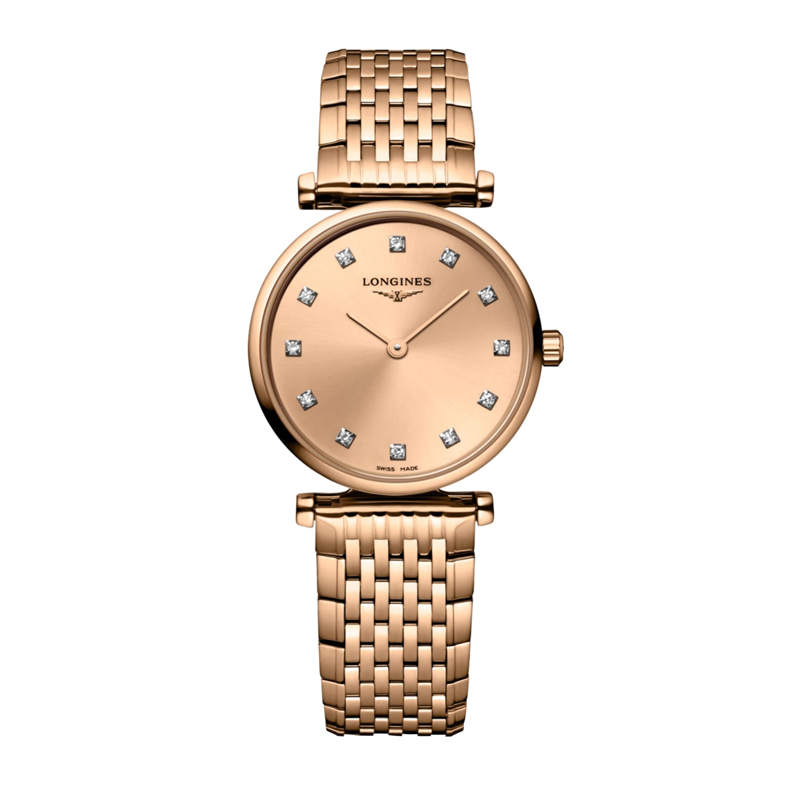 The La Grande Classique de LONGINES by Longines is a gold wristwatch with a round face, diamond hour markers, and a metal link bracelet, shown against a white background.