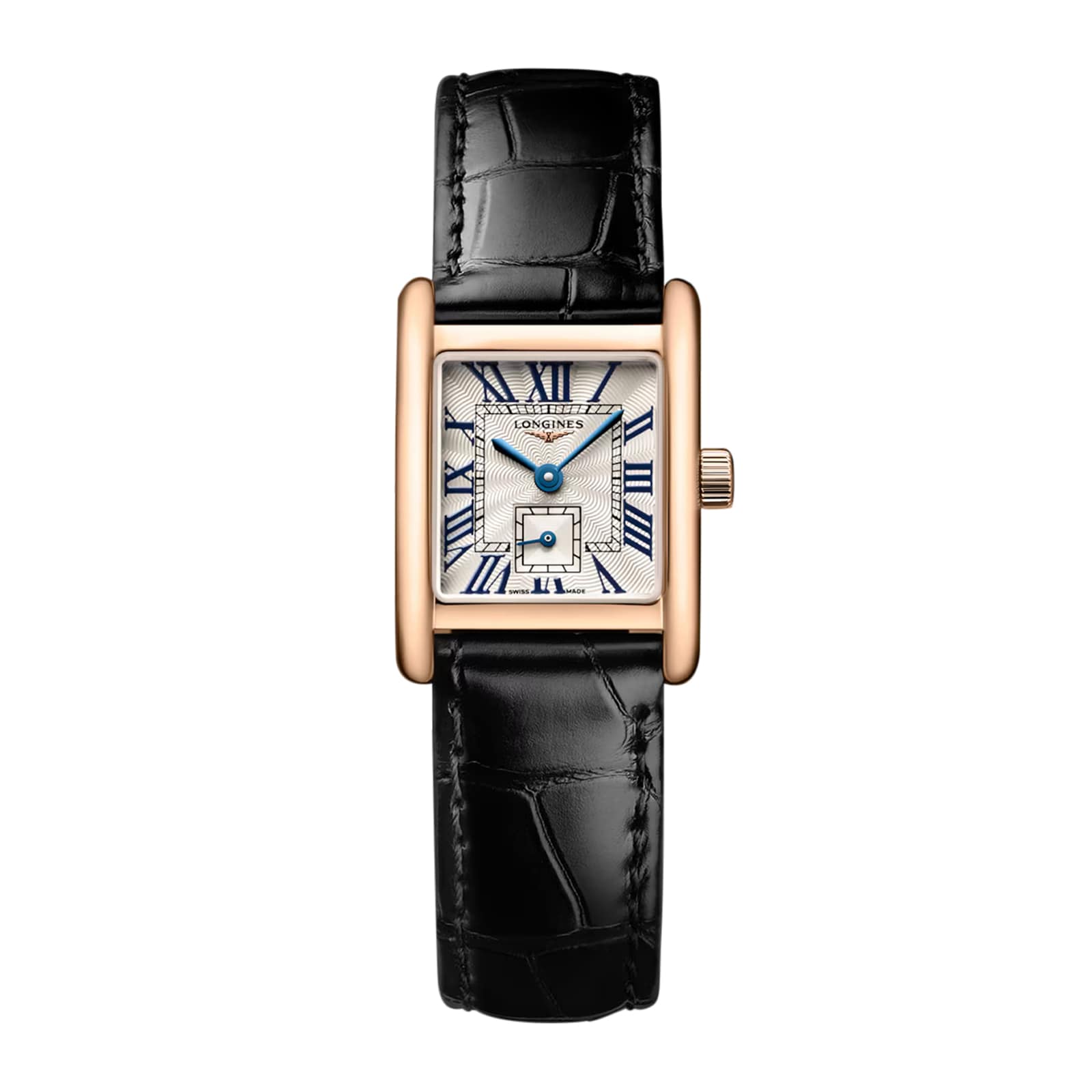 The Longines Mini DolceVita features a rectangular gold case, white dial with blue Roman numerals, small seconds subdial, and a black leather strap—a refined choice for any luxury watch collection.