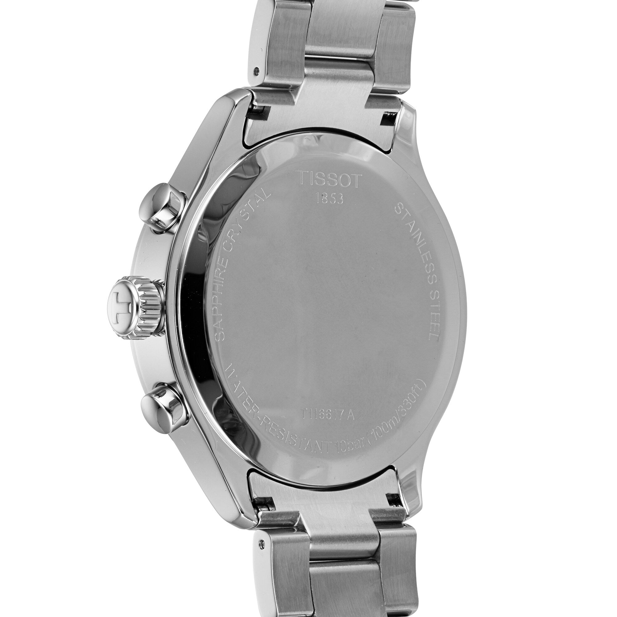 Close-up of the back of a stainless steel Tissot Chrono XL Classic wristwatch, highlighting the engraved case back and metal bracelet links—a testament to timeless Swiss technology.