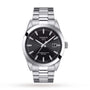 The Tissot Gentleman Powermatic 80 Silicium features a stainless steel case, black dial, date at 3 o’clock, and a silver bracelet—an elegant showcase of Tissot craftsmanship.