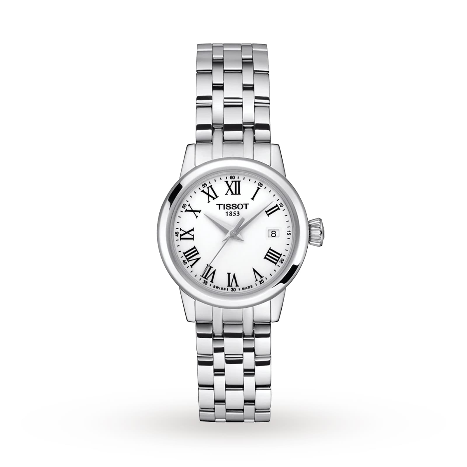 The Tissot Classic Dream features a silver-tone metal link band, white dial with Roman numerals, date window at 3 oclock, and precise Swiss quartz movement—an elegant timepiece blending luxury and style.