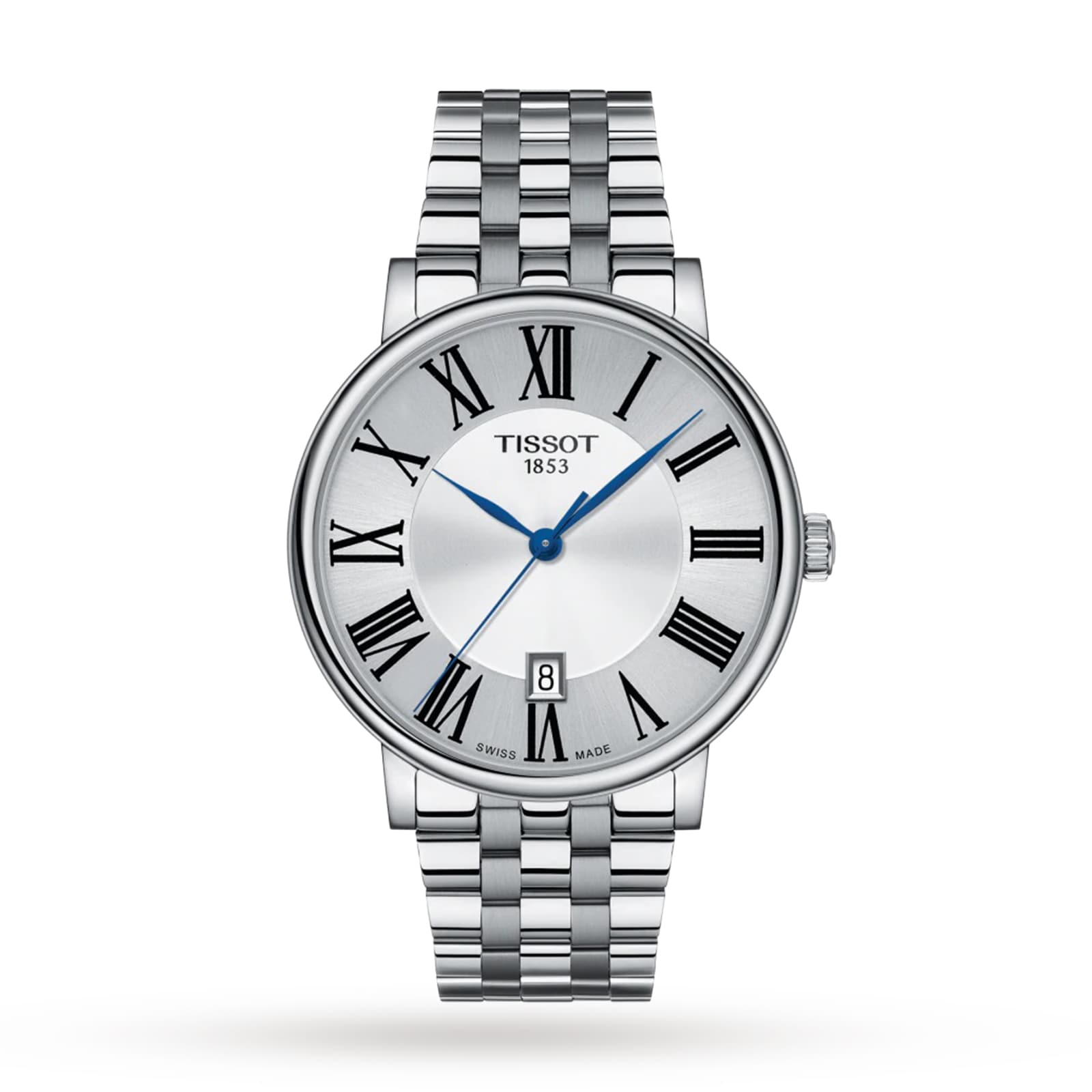 The Tissot Carson Premium is a silver wristwatch with a metal bracelet, Roman numeral markers, blue hands, and a date window at 6 o’clock, offering quartz precision on a white dial—an elegant choice in luxury timepieces.