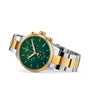 The Tissot Chrono XL Classic wristwatch features a two-tone silver and gold case, green chronograph dial with three subdials and date window, plus a water-resistant stainless steel build, shown here at an angle.