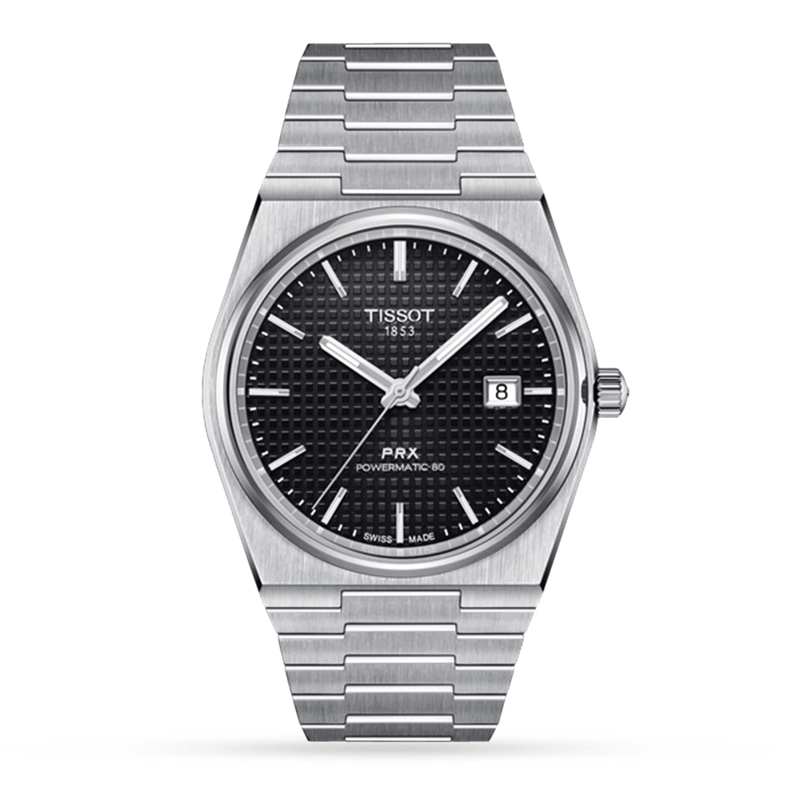 The Tissot PRX Powermatic 80 features a stainless steel case, black textured dial, silver markers, date at 3 o’clock, integrated metal bracelet, and the reliable Powermatic 80 movement.