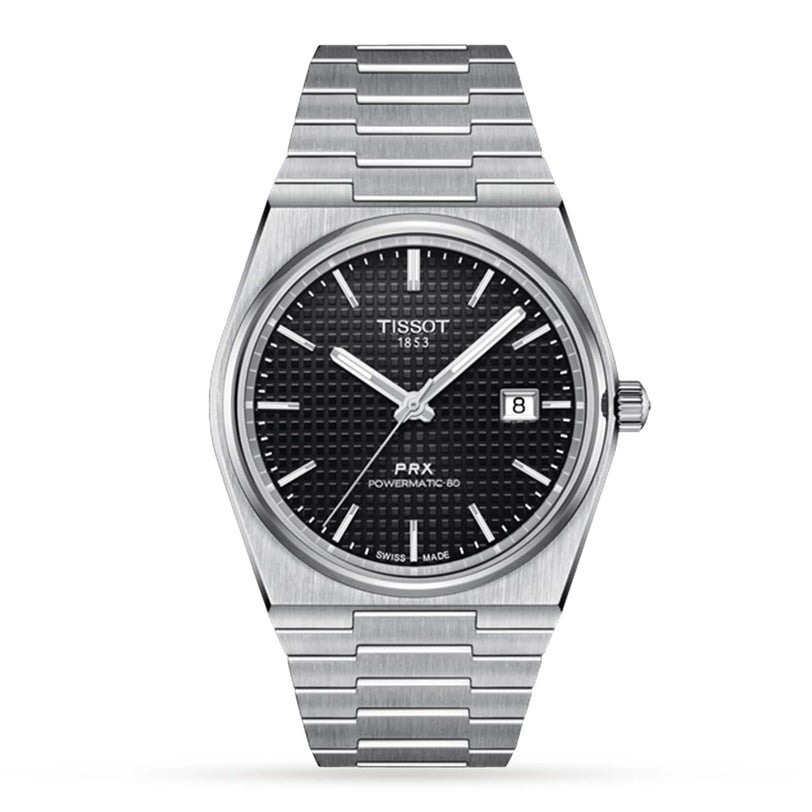 The Tissot PRX Powermatic 80 features a stainless steel case, black textured dial, silver markers, date at 3 o’clock, integrated metal bracelet, and the reliable Powermatic 80 movement.