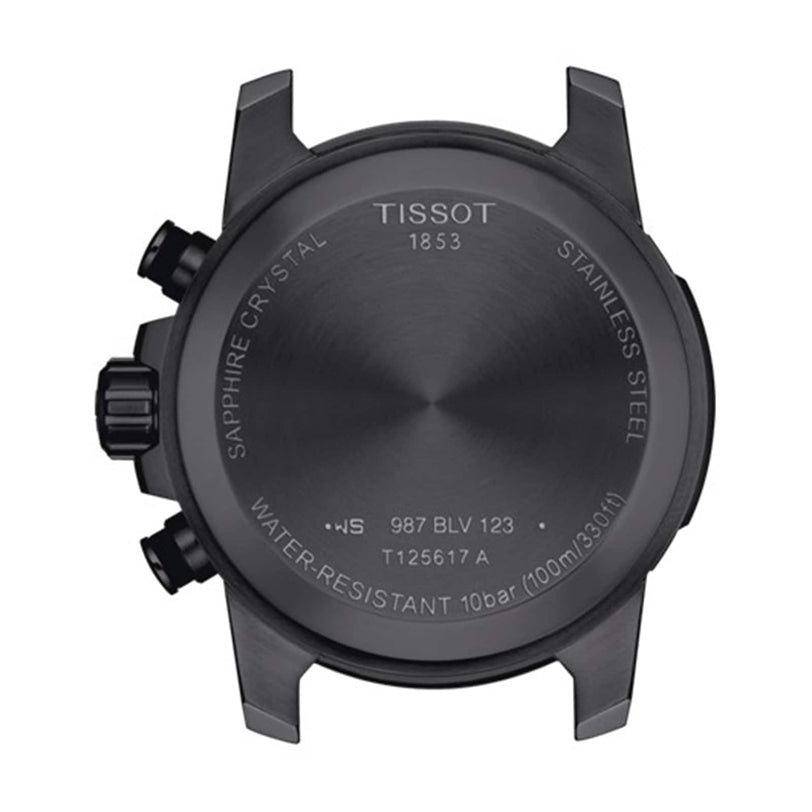 Back view of the Tissot Supersport Chrono case displays engravings for sapphire crystal, stainless steel, model T125617A, 10 bar/100m water resistance, and Swiss quartz movement.