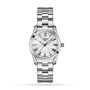 The Tissot T-Wave is an elegant stainless steel wristwatch with a silver bracelet, white dial, and Roman numerals—a feminine luxury timepiece beautifully showcased against a plain white background.