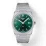 The Tissot PRX is a stainless steel wristwatch with a green dial, white hour markers, Swiss quartz movement, date display at 3 o’clock, and a brushed stainless steel bracelet.