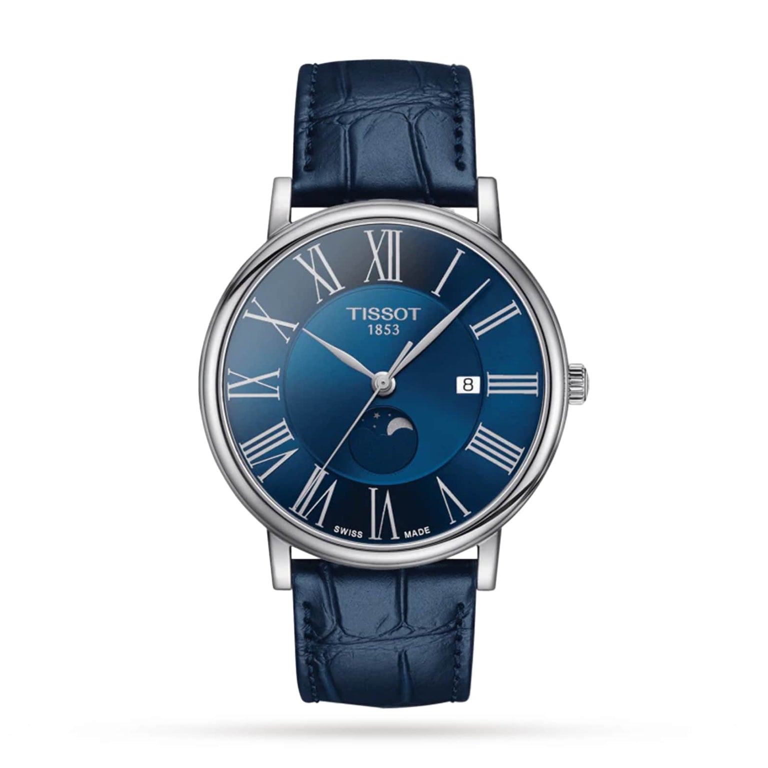 The Tissot Carson Premium Moonphase features a blue leather strap, blue dial, silver Roman numerals, date window, subdial, and Swiss-made quartz EOL movement, shown against a white background.