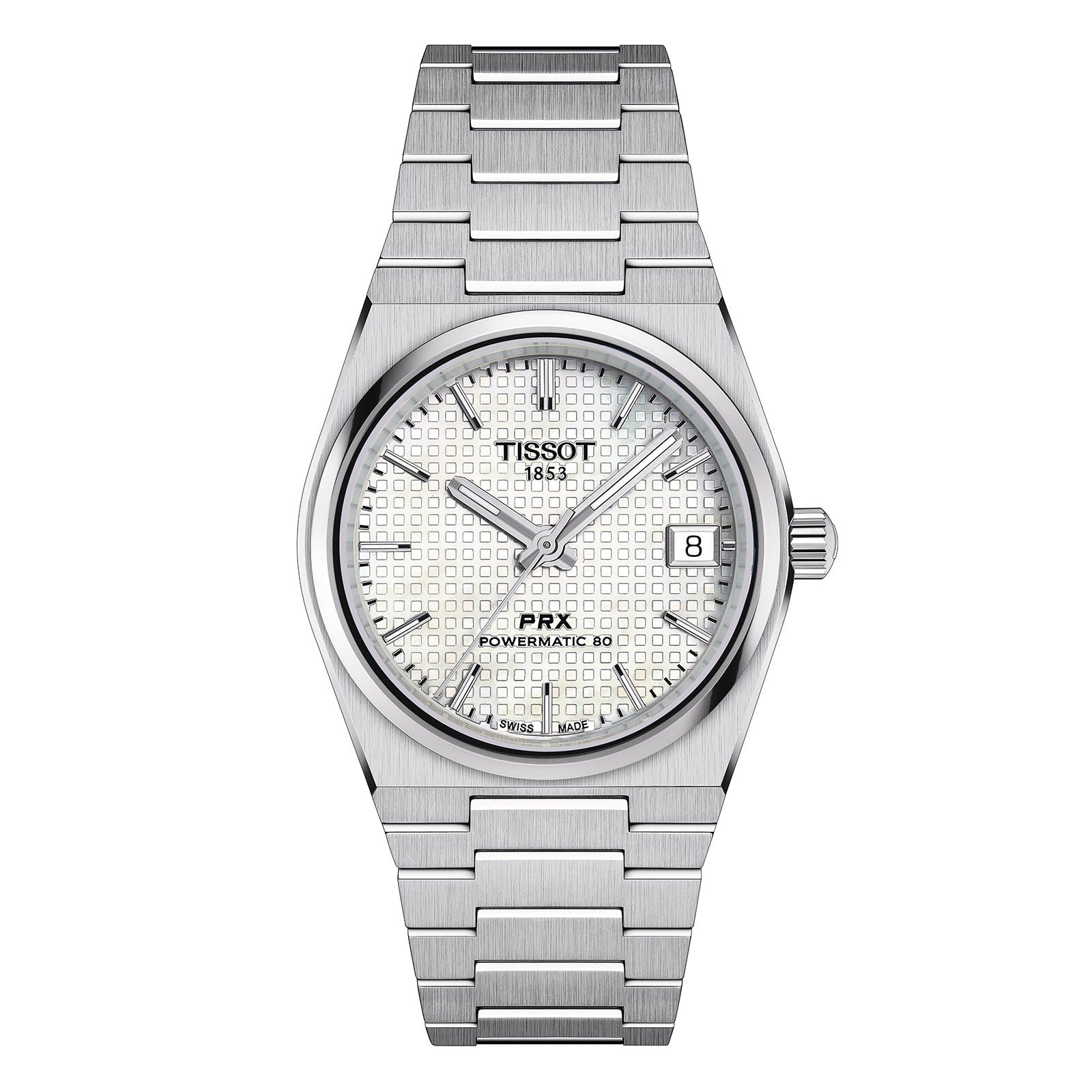 The Tissot PRX Powermatic 80 is a stainless steel 35mm wristwatch featuring a white mother-of-pearl textured dial, silver hands and hour markers, and a date window at 3 o’clock.