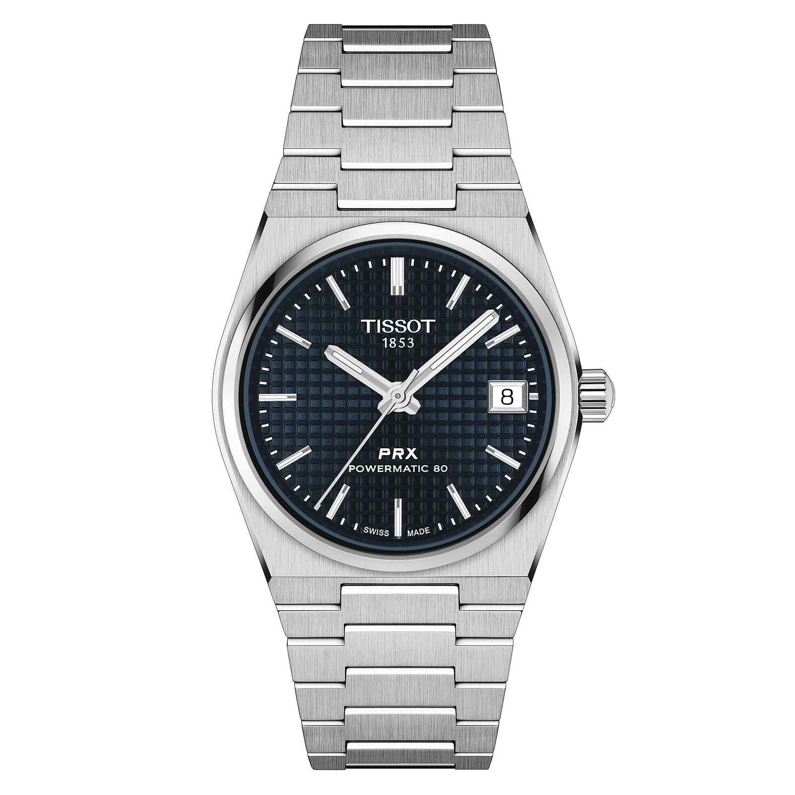 The Tissot PRX Powermatic 80 features a stainless steel case, blue dial with silver markers, date at 3 o’clock, and a sleek silver metal bracelet.