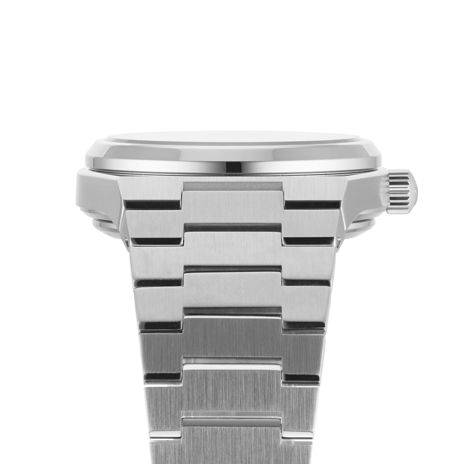 Side view of the Tissot PRX Powermatic 80 stainless steel watch with a metal link bracelet, blue dial, and visible crown displayed on a white background.