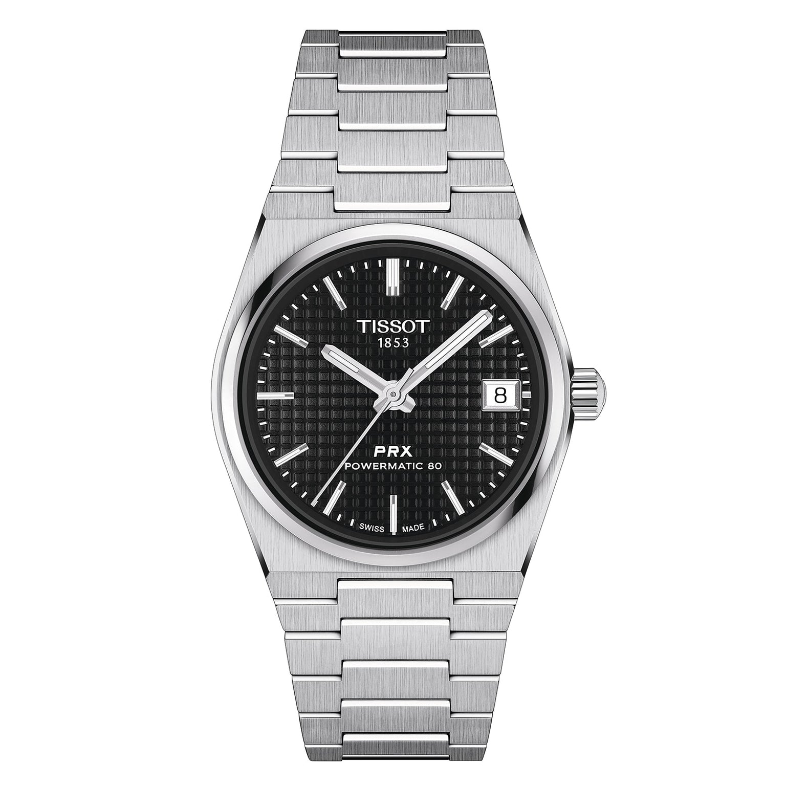 The Tissot PRX Powermatic 80 is a stainless steel watch with a 35mm case, black waffle dial, baton markers, date at 3 oclock, and an integrated bracelet.