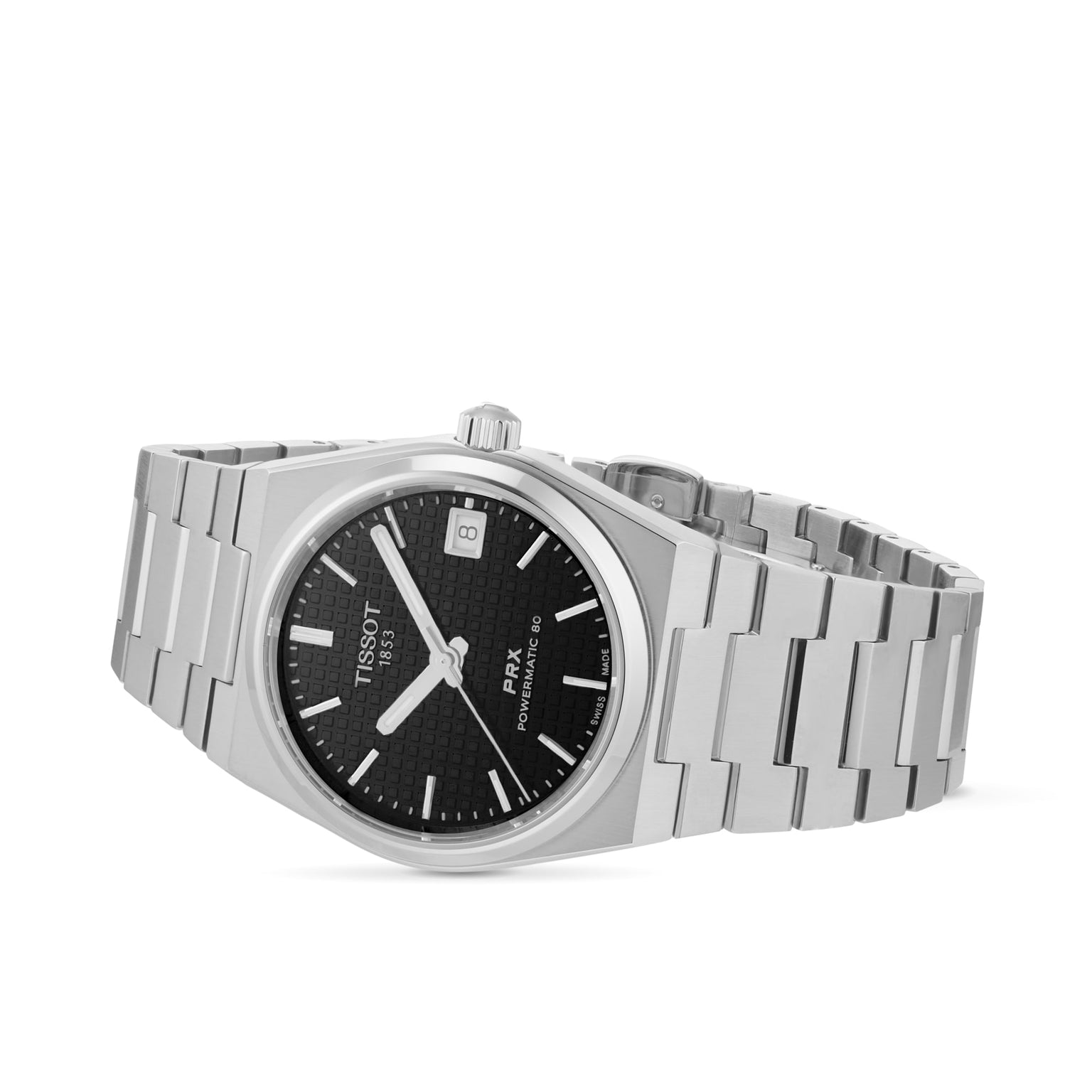 The Tissot PRX Powermatic 80 is a stainless steel watch with a 35mm case, black waffle dial, silver hour markers, date at 3 oclock, and a sleek metal bracelet.