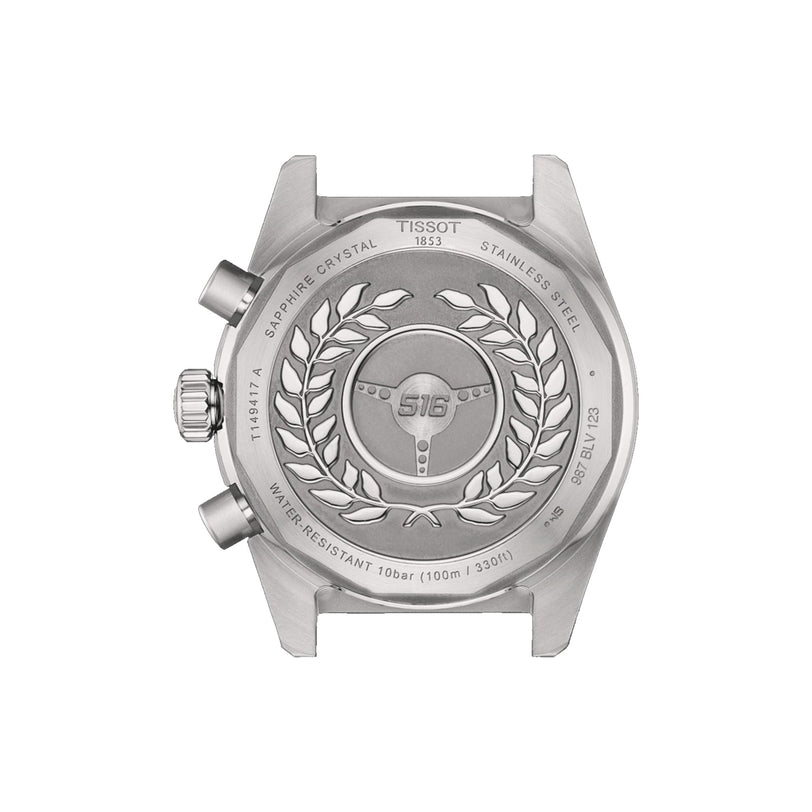 Back view of the Tissot PR516 Chronograph shows an engraved laurel, aviation emblem, and key specs like water resistance, sapphire crystal, and Quartz movement on the stainless steel watch case.