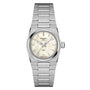 The Tissot PRX features a stainless steel case, white dial, silver hour markers, and a metal bracelet, highlighting its vintage design against a white background.