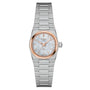 A Tissot PRX wristwatch featuring a 25mm silver-tone case, metal link band, round white dial, rose gold bezel, minimalist hour markers, and precise quartz movement.